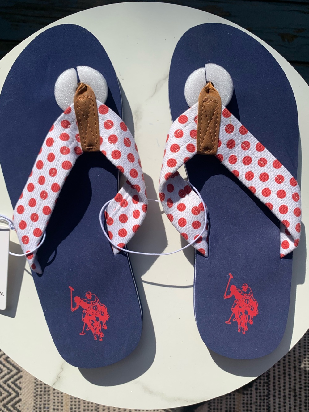 U.S. Polo Assn. Navy Flip Flop Sandals with Red Polka-Dot Straps WOMENS 9-10